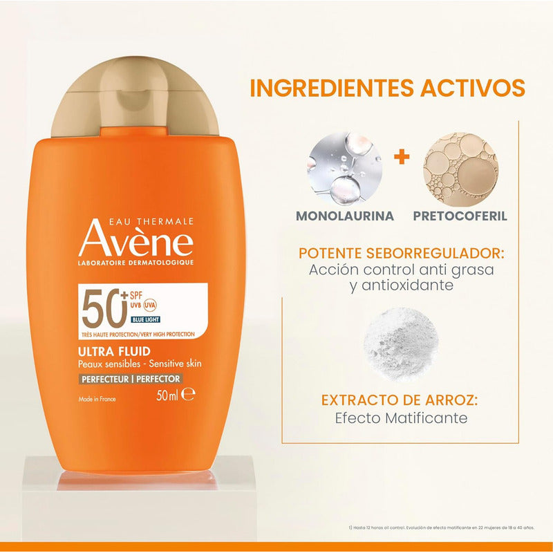 Avene Ultra Fluid Mat Perfect, Protector Solar Facial Fps 50+ Con Triasorb, Oil Control, Textura Ultrafluida, 50ml
