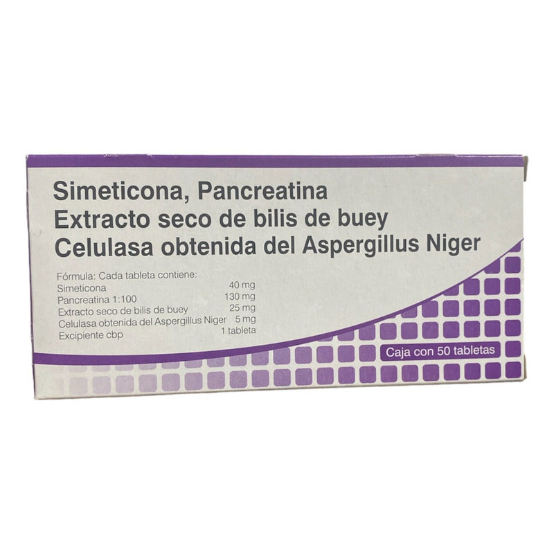 Simeticona, Pancreatina, Extracto De Bilis De Buey 50 Tabs Sin Sabor