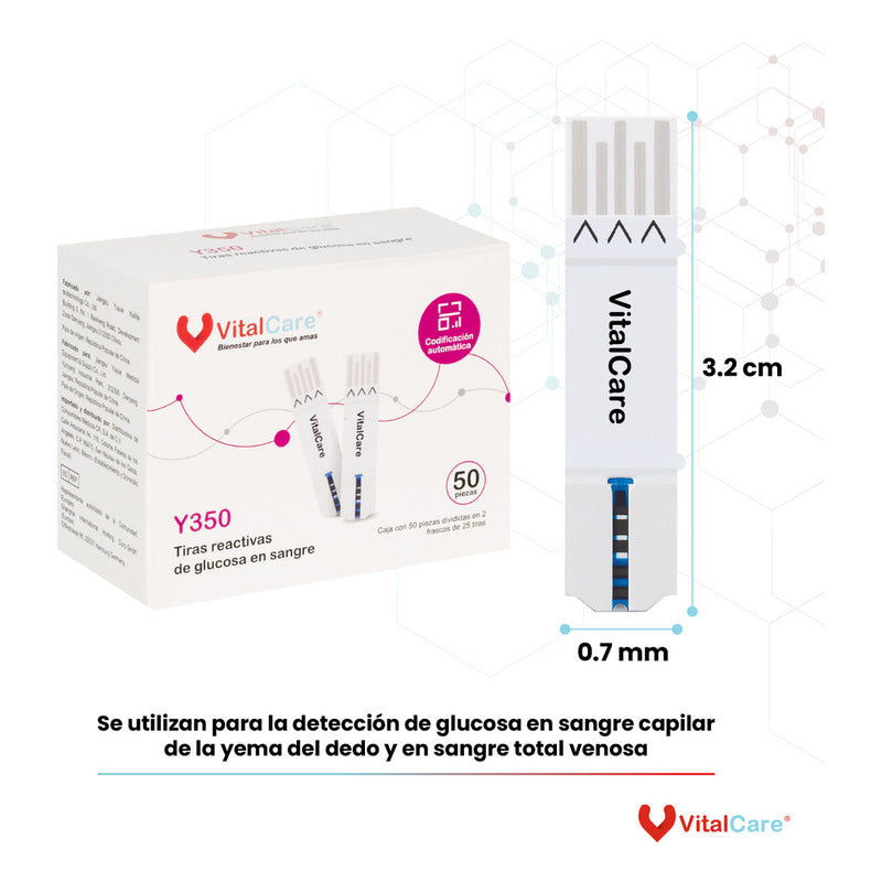 Vitalcare 50 Tiras Reactivas Para Medidor De Glucosa 310 Blanco