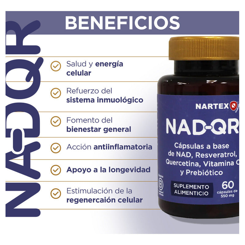 Nad+ Resveratrol, Vitamina C, Quercetina Y Prebióticos 60 Cápsulas 550mg Sin Sabor By Nartex Labs