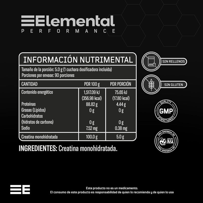 Elemental Performance Creatina Monohidratada 90 Porciones De 5g S/saborizantes 450g