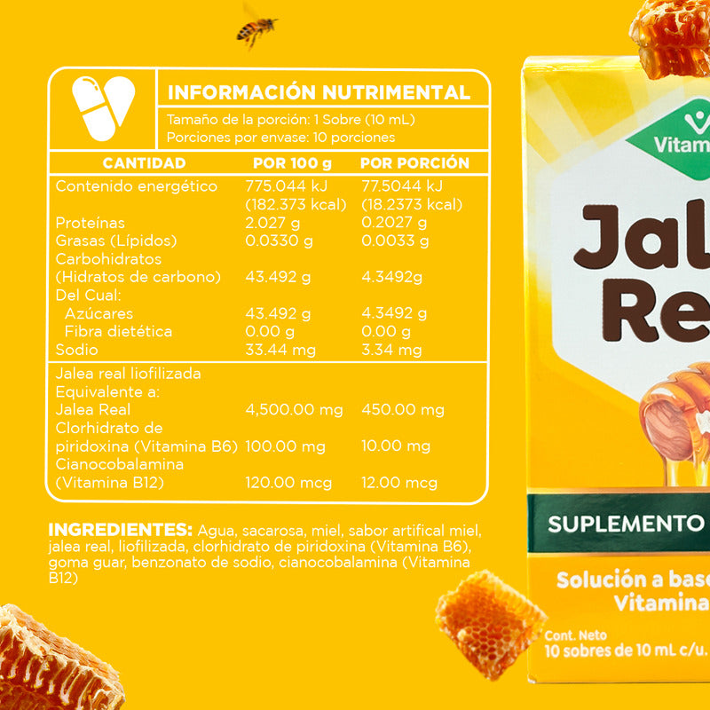 Jalea Real Miel Vitamínik 10 Sobres De 10 Ml Vitaminas B6 Y B12 Sabor Sin Sabor