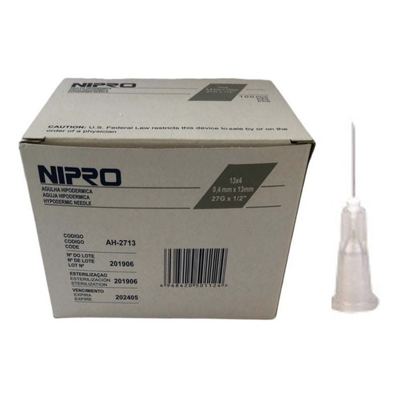 Aguja HiPodérmica Nipro 27gx13mm ( 1/2 ) Gris Caja 100u Capacidad En Volumen 0 Ml