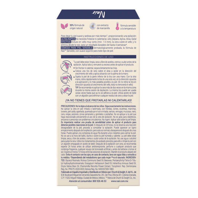 Nair Tiras De Cera Fría Facial Sensible 36 Piezas Con Extracto De Manzanilla Piel Suave Y Tersa Hasta Por 4 Semanas