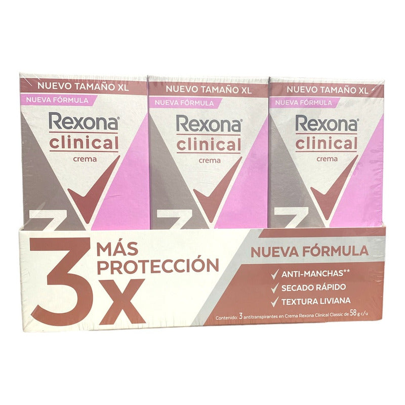 Antitranspirante En Crema Rexona Woman Clinical Classic Paquete De 3 piezas De 58 G C/u