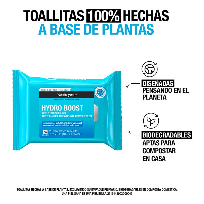 Neutrogena Hydro Boost Toallitas Limpiadoras Hidratantes, 25 Pzs, Todo Tipo De Piel