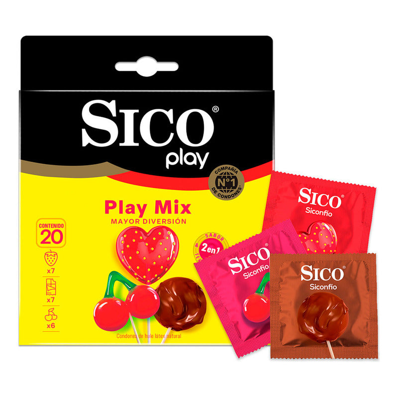 Pack X20 Condones Play Mix Sabor Cereza, Fresa Y Chocolate Sico®