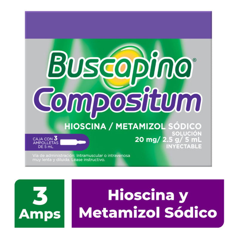 Buscapina Compositum Solución Inyectable 3 Ampolletas De 5 Ml. Con Hioscina Y Metamizol Sódico. Venta Con Receta Médica