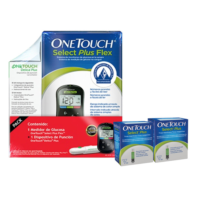 Onetouch Select Plus Glucómetro + 100 Tiras Flextm Negro