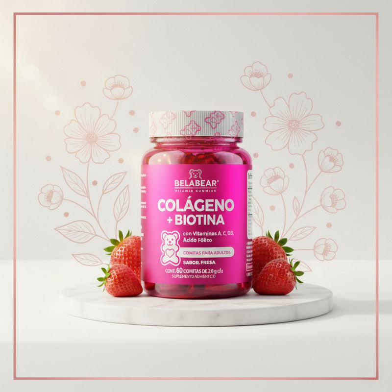 Solanum Belabear Colágeno + Biotina Vit. A, C, D3, Acido Folico 60 Gomitas Sabor Fresa