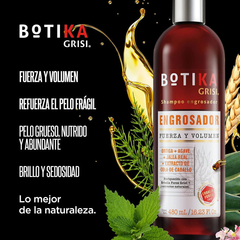 Botika Grisi Shampoo Engrosador - Shampoo Natural Con Ortiga, Agave, Jalea Real - Fortalece, Engrosa Y Nutre El Cabello - Sin Sulfatos Y Parabenos - 480 Ml