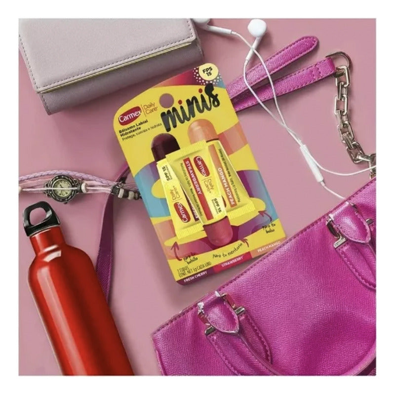 Bálsamo Labial Carmex Minis 3 Tubos Fresa, Cereza, Mango 5 G
