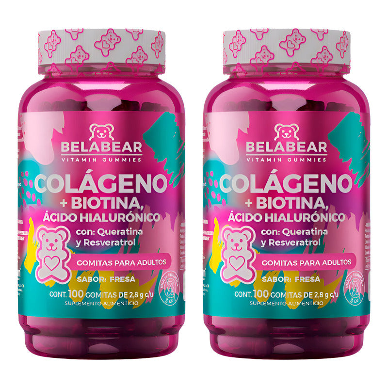 Pack 2 Belabear Colágeno + Biotina Y Ácido Hialurónico 100pz Fresa