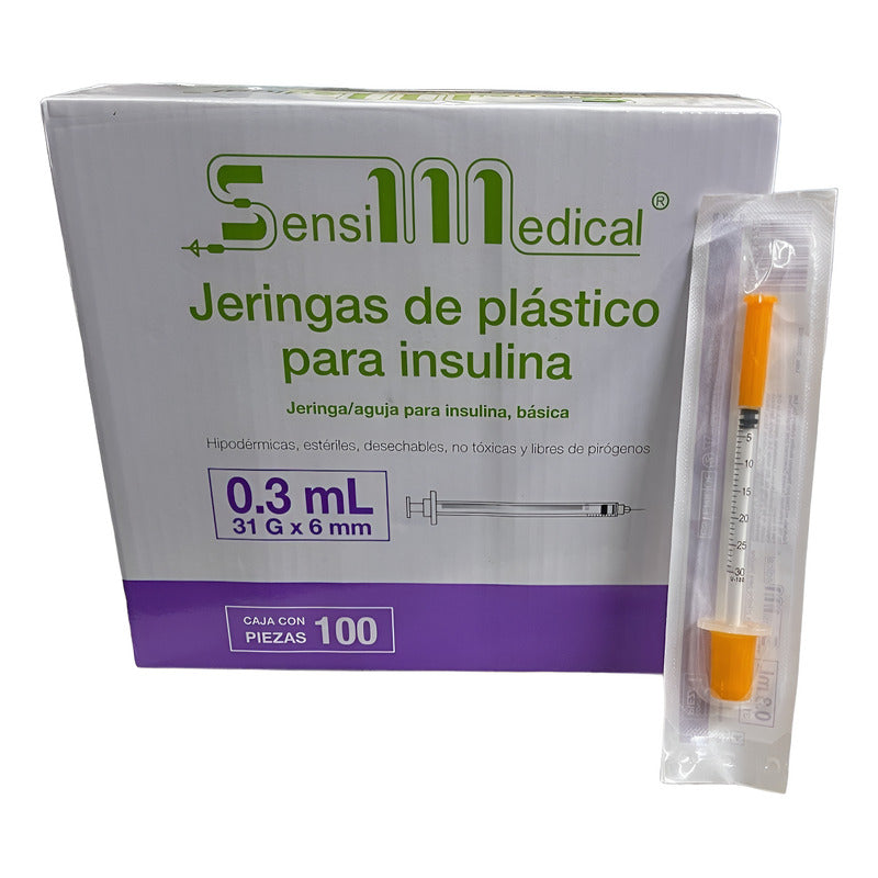 100 Jeringas Para Insulina Sensimedical 31g X 6mm 0.3ml 10 Ml
