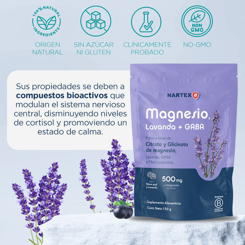 Magnesio En Polvo 150g Nartex Wellness Sabor Mora Azul Con Citrato, Glicinato, Gaba Y Lavanda Suplemento Relajante Natural Para Estrés, Sueño Y Sistema Nervioso