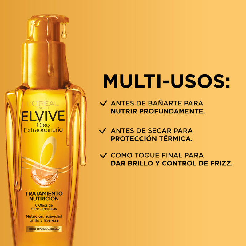 Tratamiento En Aceite Elvive Óleo Extraordinario De L'oréal Paris, Con Protector De Calor, 6 Óleos De Flores Que Nutren, Protegen Y Controlan El Frizz De Tu Cabello, 8 Semanas De Nutrición Y Brillo.