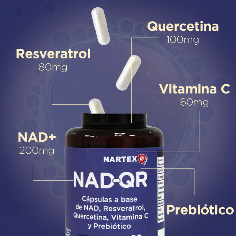 Nad+ Resveratrol, Vitamina C, Quercetina Y Prebióticos 60 Cápsulas 550mg Sin Sabor By Nartex Labs
