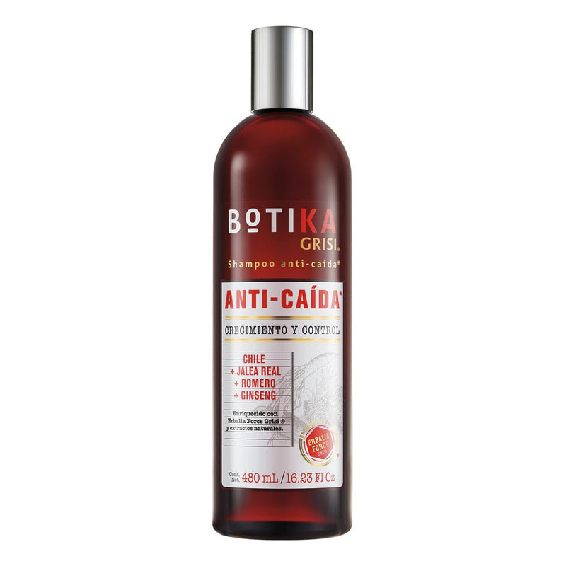 Botika Shampoo Anticaída Grisi - Shampoo Libre De Sulfatos Y Parabenos, Natural Con Jalea Real, Romero, Ginseng Y Vitaminas - Previene Caída De Cabello Y Fortalece El Pelo - 480 Ml