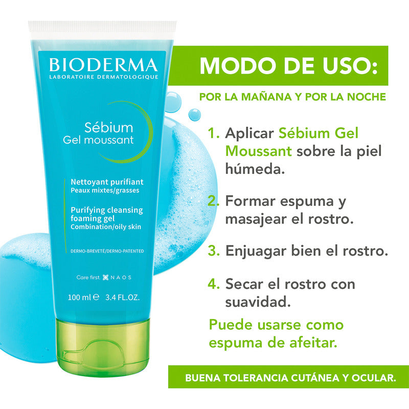Bioderma Sébium Gel Moussant Facial, Limpia Y Purifica Piel Mixta, 100ml