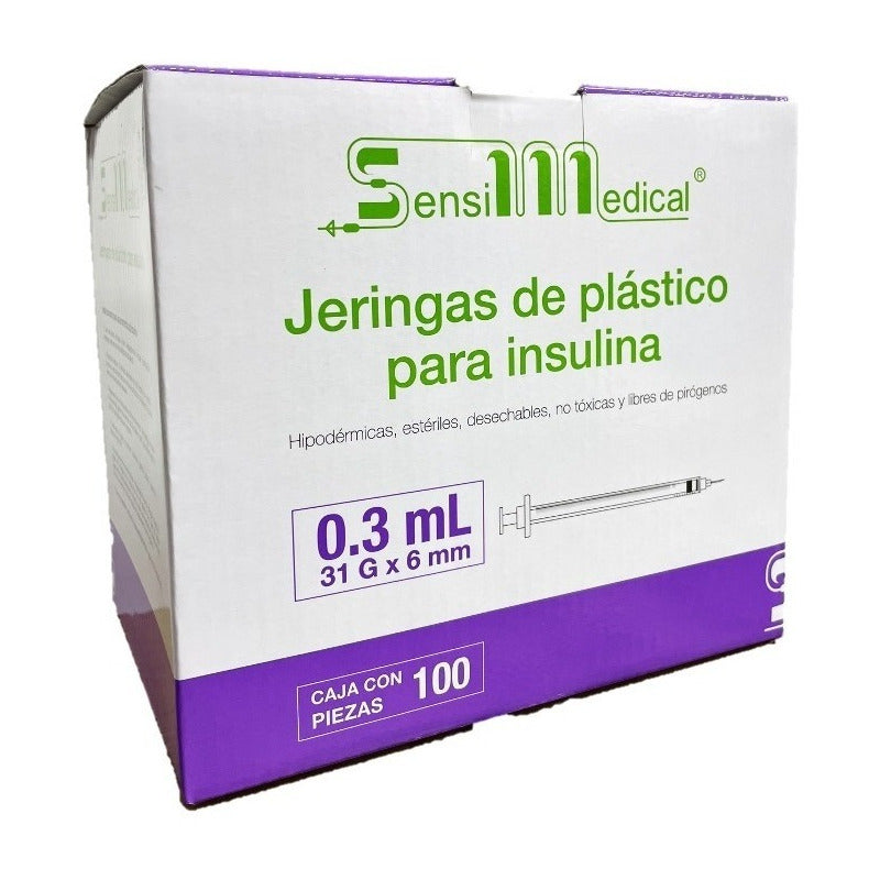 100 Jeringas Para Insulina Sensimedical 31g X 6mm 0.3ml Capacidad En Volumen 3ml