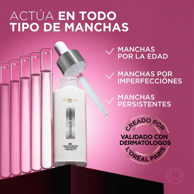 L'oréal Paris Glycolic Bright Sérum De Rostro Anti Manchas, Con Ácido Glicólico, Niacinamida Y Melasyl, Reduce Y Previene Todo Tipo De Manchas, 30 Ml.