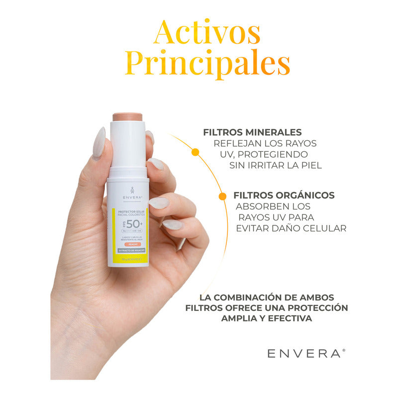 Protector Solar Facial 10gr En Barra Con Color (peachy) Fps 50+ Uva/uvb, Pa++++ | Bloqueador Solar Y Color Para Mejillas, Párpados, Labios | Skincare Vegano Y Cruelty Free | Envera