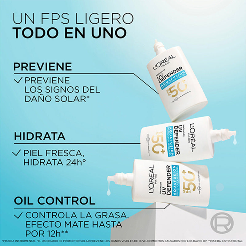 L'oréal Paris Uv Defender Aquafusion Protector Solar Diario Fps50+, Protector Solar Aqua-gel, Previene Manchas Solares Y Arrugas, Absorción Rápida En 3 Segundos, 50ml