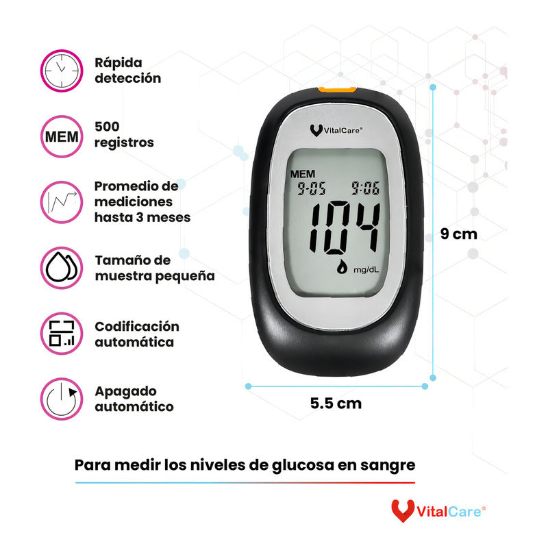 Kit Glucómetro 310 Vitalcare Con 50 Tiras + 100 Lancetas - Negro