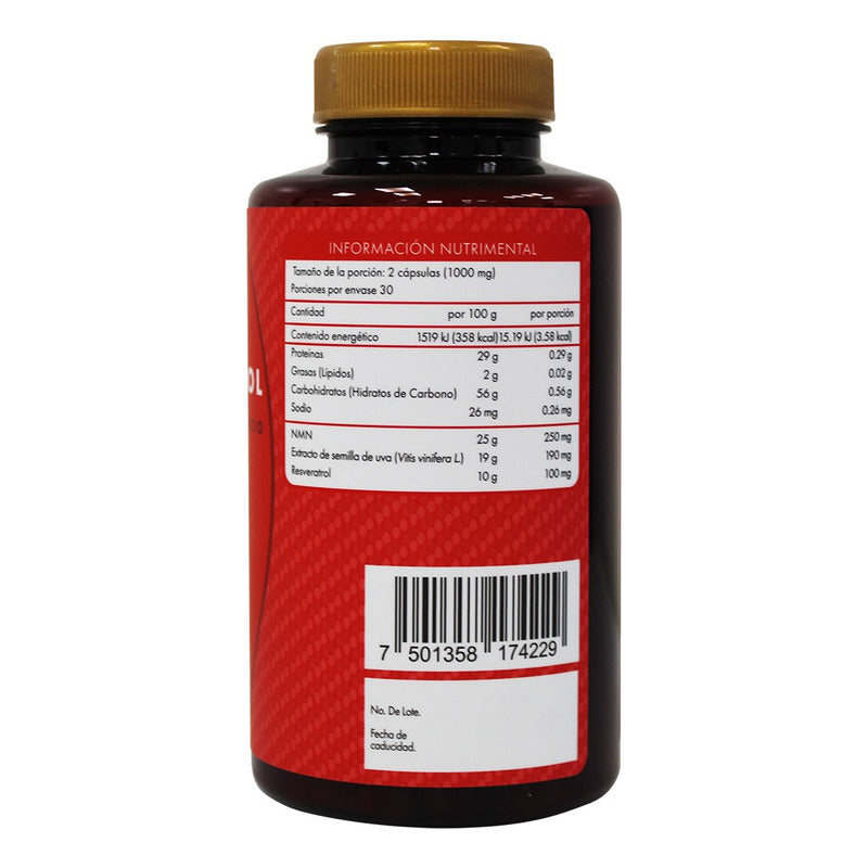 Nmn + Resveratrol 500mg 60 Cápsulas Suplemento Antioxidante Para Energía Celular, Longevidad, Vitalidad Y Salud Cardiovascular Antienvejecimiento Natural