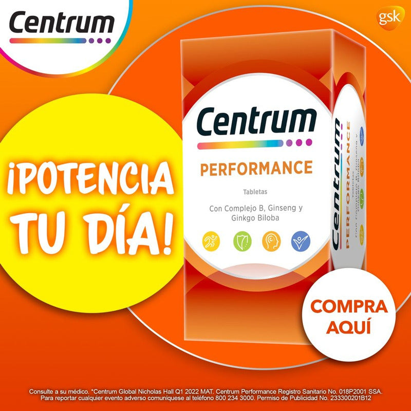 Multivitamínico Centrum Performance Con Vitaminas Del Complejo B 100 Tabletas Sin Sabor