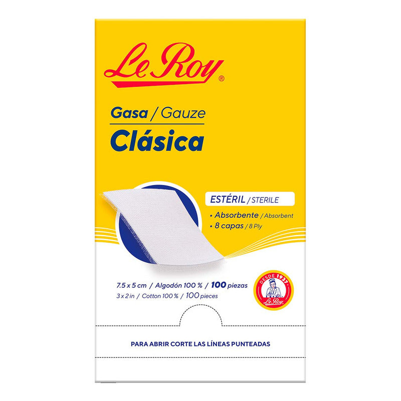 Gasa Leroy Estéril 8 Capas 7.5x5 Cm Caja 100 Unidades Algodón