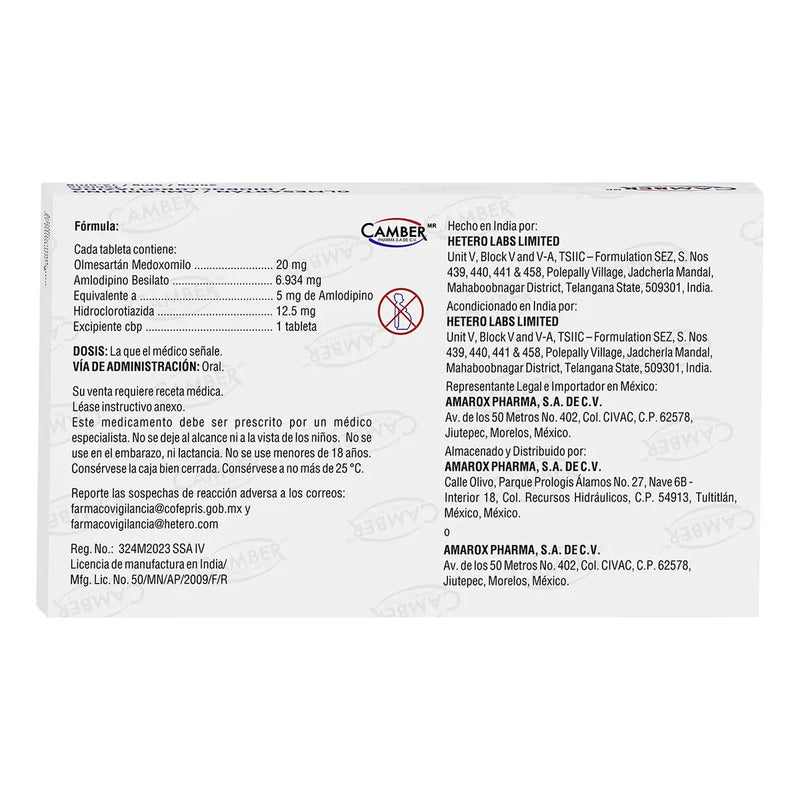 Olmesartan 20mg Amlodipino 5mg Hidroclorotiazida 12.5mg 28 Tabletas