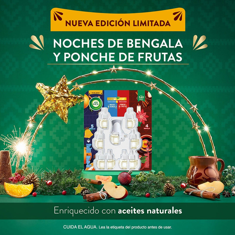 Air Wick® Aromatizante Eléctrico, Noches De Bengala & Ponche Navideño, 1 Difusor + 9 Repuestos De 20 Ml C/u