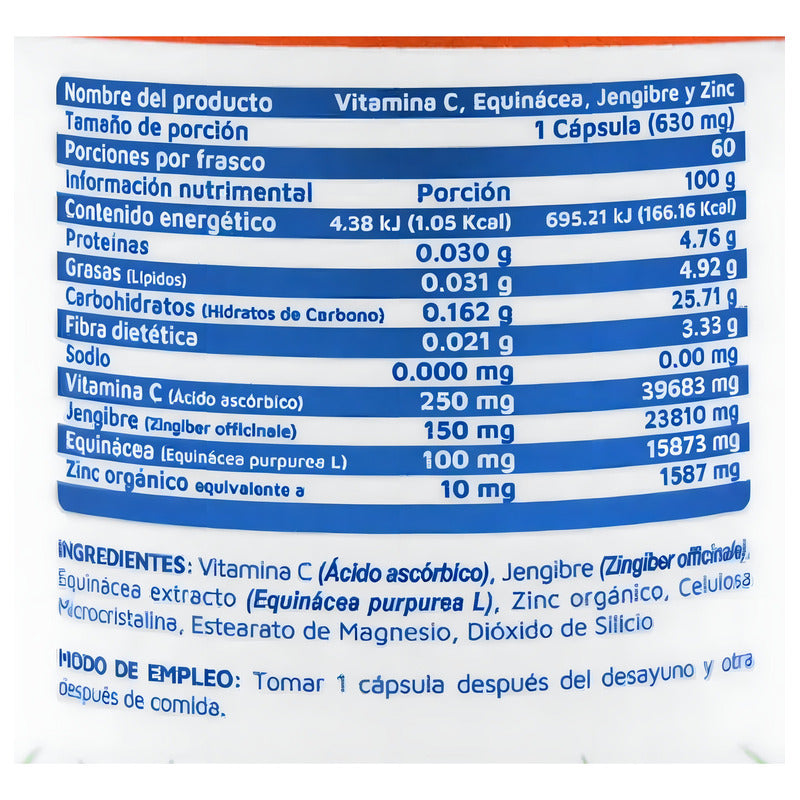 Vitamina C Equinácea Jengibre Y Zinc 60 Cápsulas Vidanat Sabor Sin Sabor