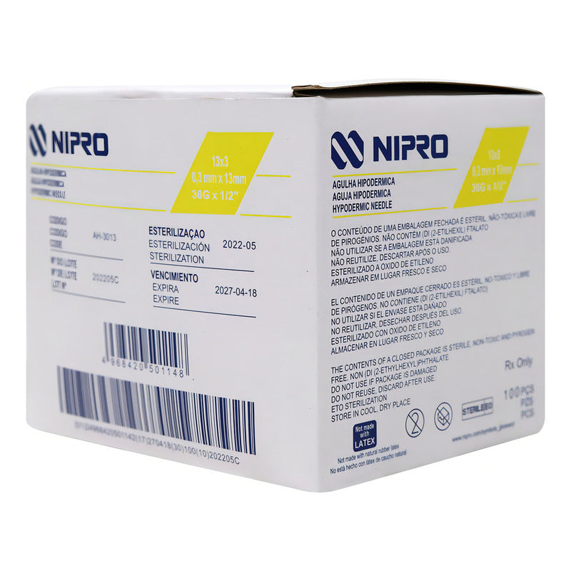 Aguja Hipodermica 30g X 1/2 (13mm) Caja Con 100 Pz Nipro Capacidad En Volumen 13 Ml