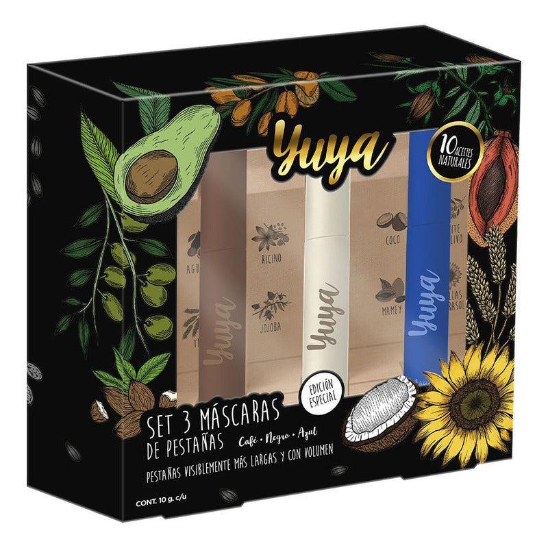 Pack X3 Máscaras Pestañas 10 Aceites Negra Café Azul Yuya