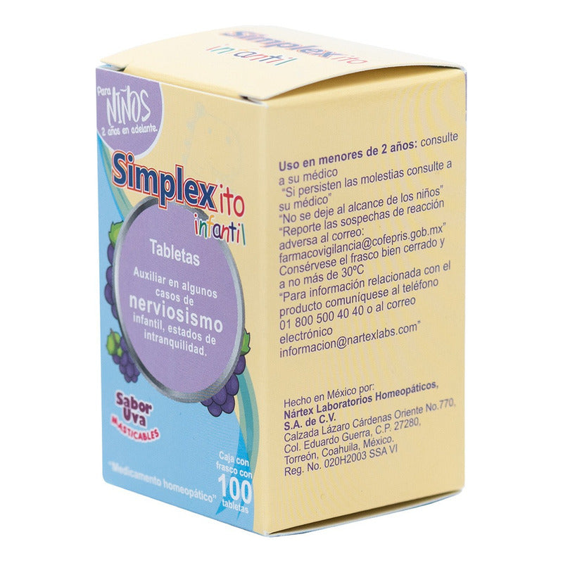 Simplexito Infantil 100 Tabletas Sabor Uva Auxiliar En Nerviosismo, Ansiedad Y Trastornos Del Sueño En Niños