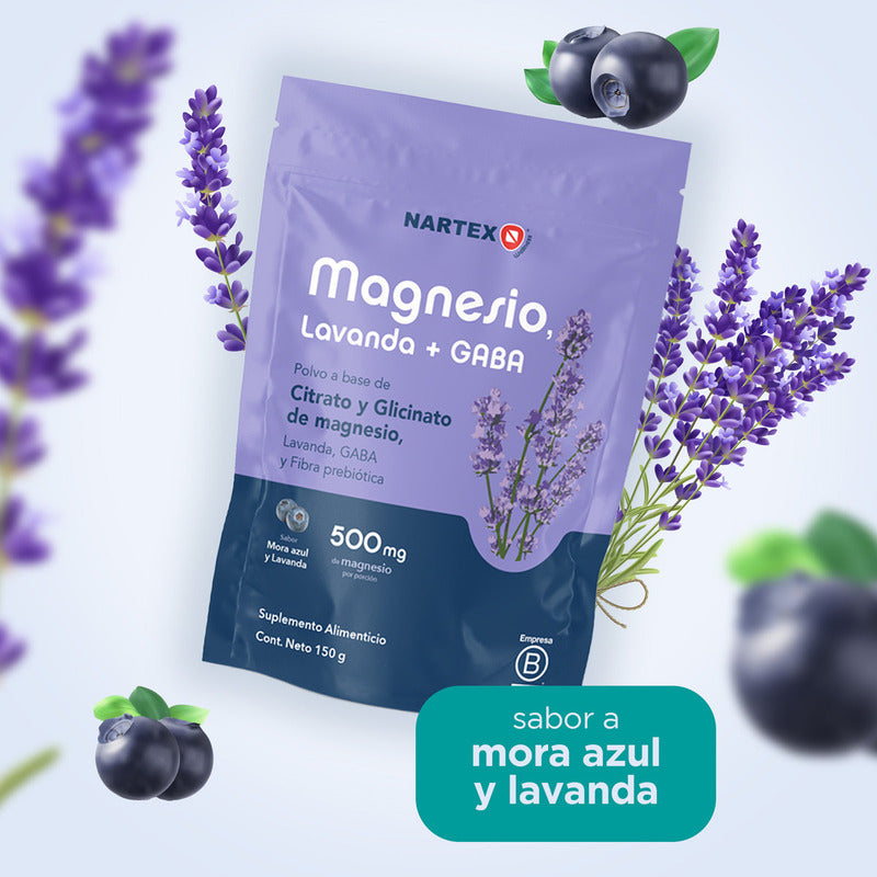 Magnesio En Polvo 150g Nartex Wellness Sabor Mora Azul Con Citrato, Glicinato, Gaba Y Lavanda Suplemento Relajante Natural Para Estrés, Sueño Y Sistema Nervioso