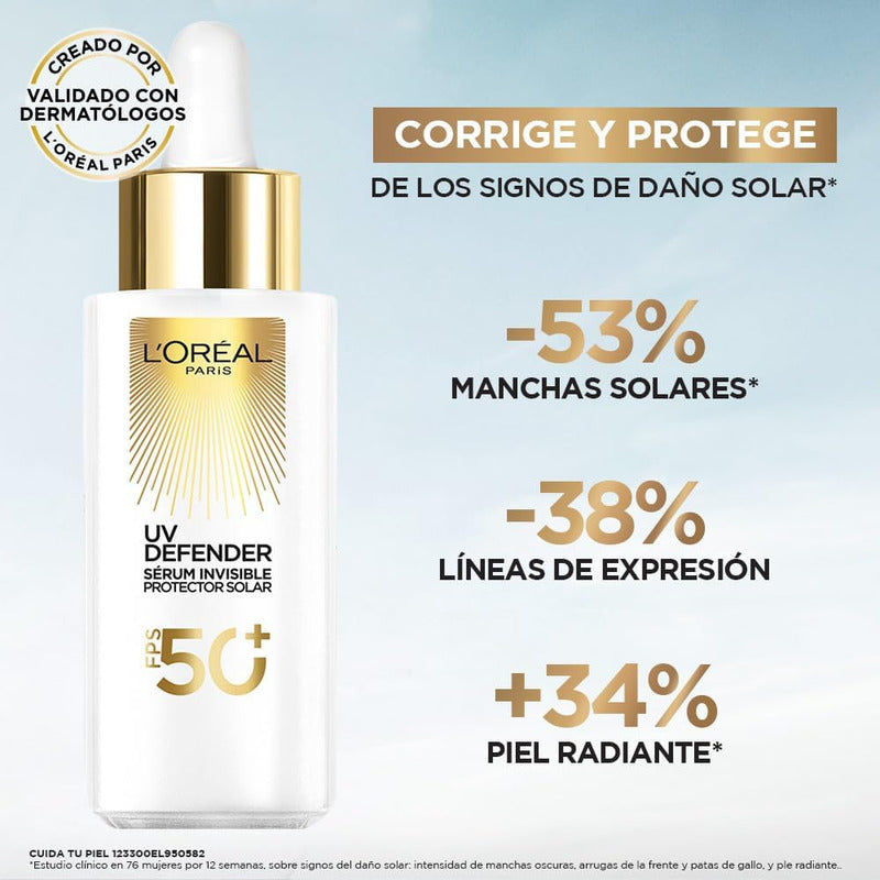 L'oreal Paris Uv Defender Sérum Invisible Protector Solar Diario Fps50+ Protege De Los Rayos Uv, Anti Manchas Y Previene Líneas De Expresión, 30ml.