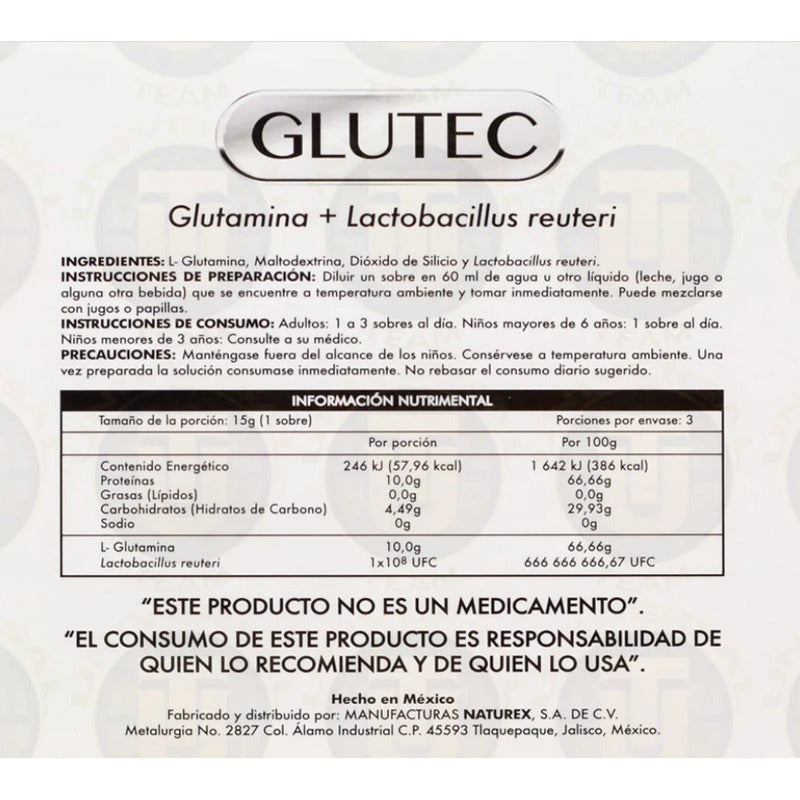 Glutec Glutamina Y Lactobacillus Reuteri 3 Sobres 15g Cu N/a