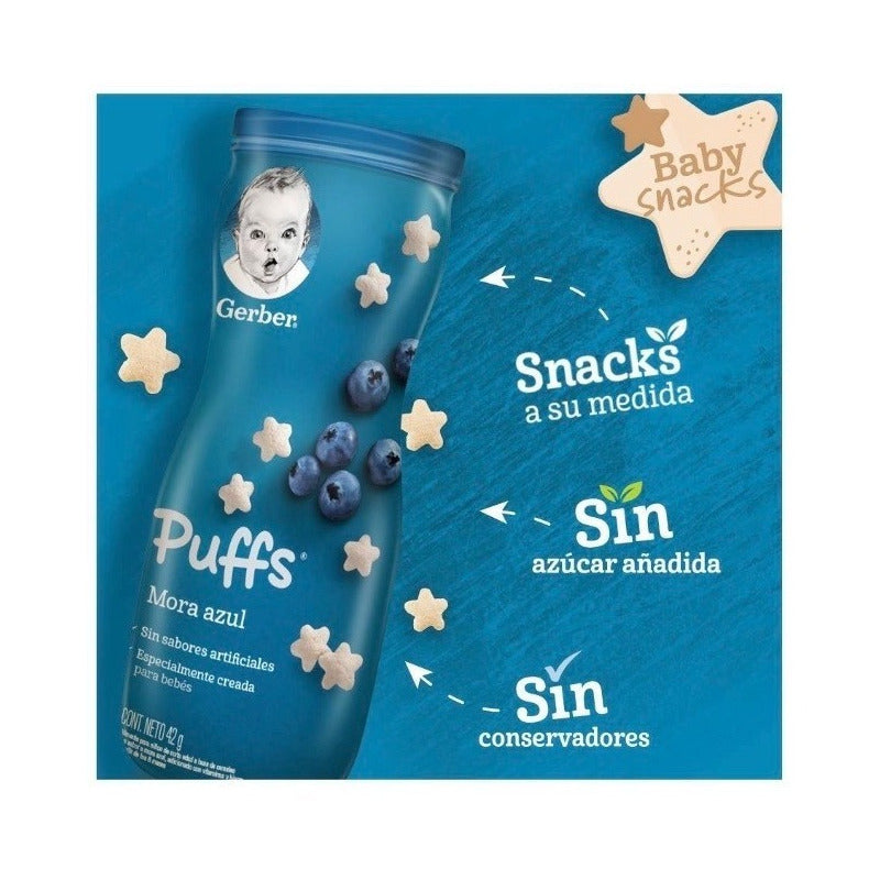 Pack 4 Gerber Puffs Sabor Mora Azul Y Manzana Fresa 42g C/u