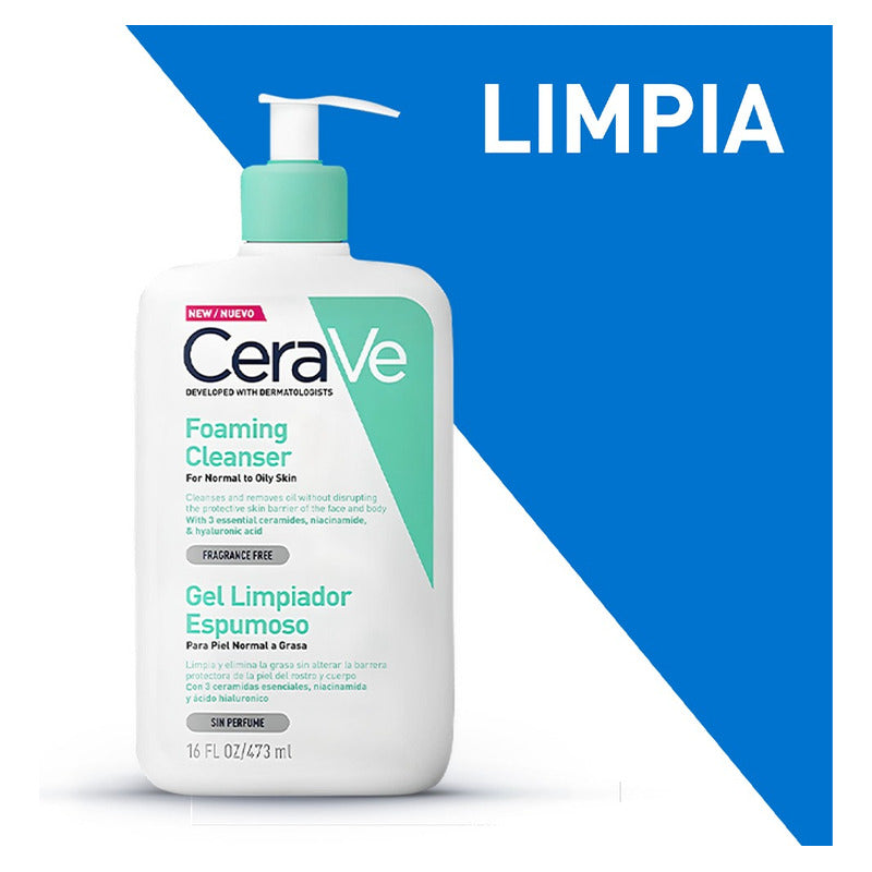 Gel Cerave Limpiador Espumoso Piel Normal A Grasa Sin Perfume De 473 Ml Día Y Noche