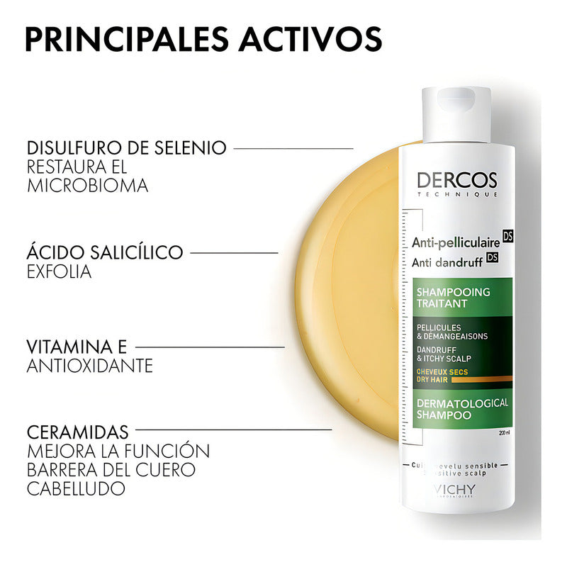 Shampoo Tratamiento Anticaspa En Botella Vichy Dercos Sin Parabenos Para Cabello Seco 200 Ml