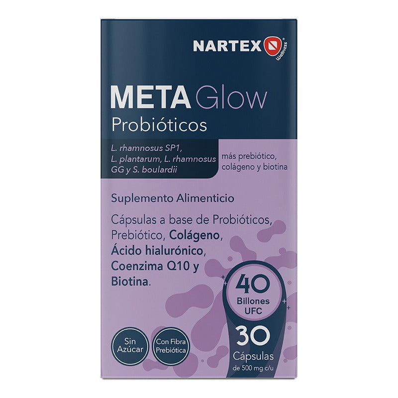 Meta Glow 30 Caps Nartex Wellness Con Probióticos, Colágeno Y Ácido Hialurónico Sin Sabor Para Piel Sana, Salud Digestiva Y Bienestar Integral