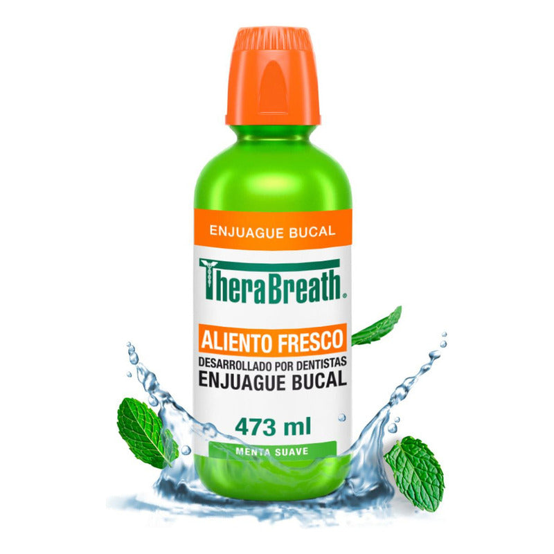 Therabreath Enjuague Bucal Sin Alcohol, Menta Suave 473 Ml. Combate El Mal Aliento Por 12 Horas. Sin Sabores Ni Colorantes Artificiales, Sin Ardor. Desarrollado Por Dentistas
