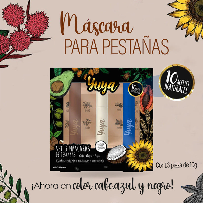 Set De Mascaras De Pestañas Yuya 10 Aceites Naturales 3 Pzs Negro