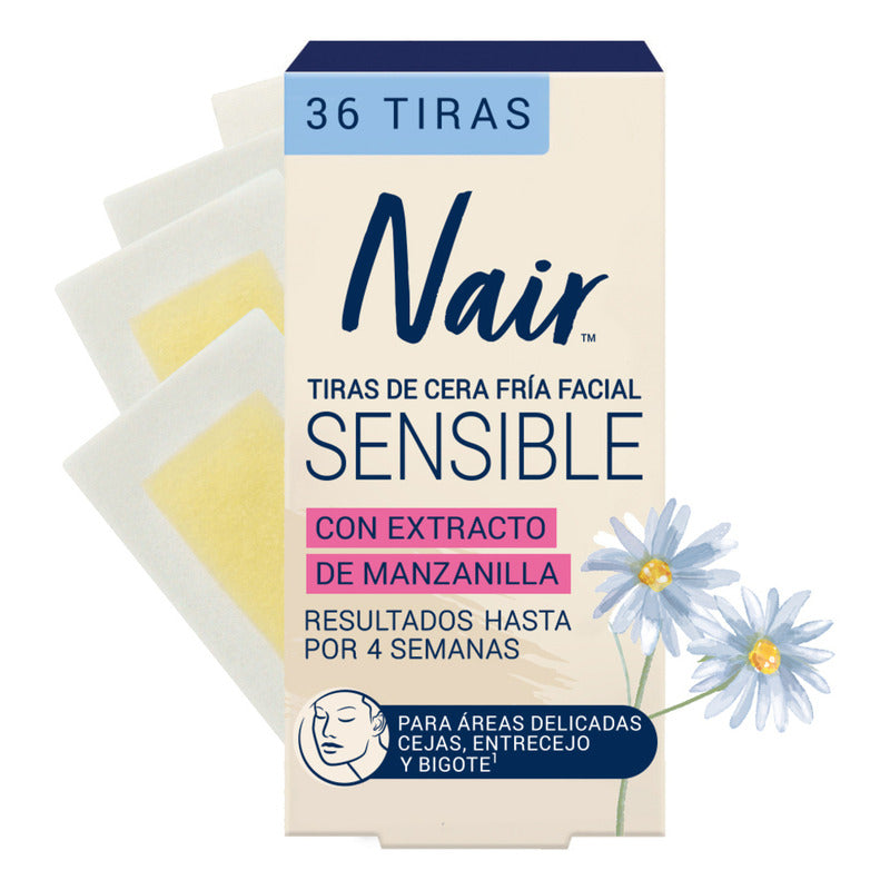 Nair Tiras De Cera Fría Facial Sensible 36 Piezas Con Extracto De Manzanilla Piel Suave Y Tersa Hasta Por 4 Semanas