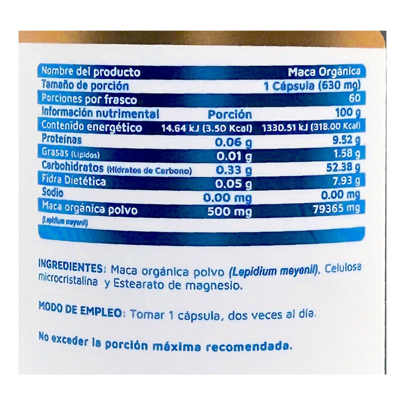 Suplemento Alimenticio De Maca Organica 60 Caps Vidanat Sabor Sin Sabor