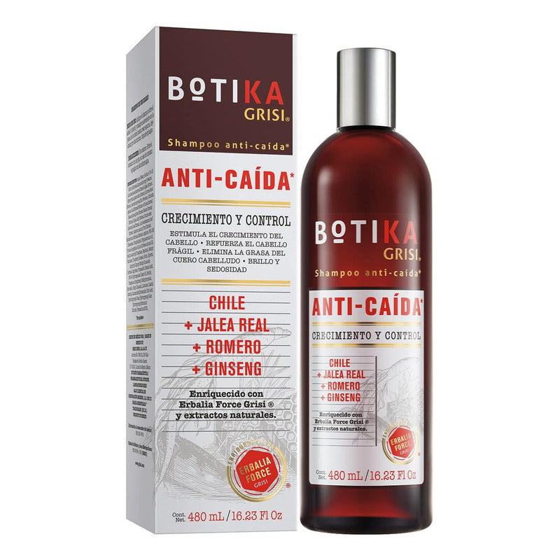 Botika Shampoo Anticaída Grisi - Shampoo Libre De Sulfatos Y Parabenos, Natural Con Jalea Real, Romero, Ginseng Y Vitaminas - Previene Caída De Cabello Y Fortalece El Pelo - 480 Ml