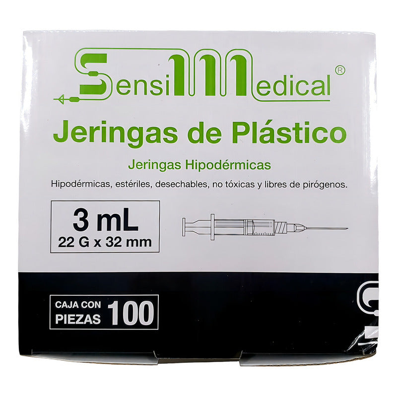 100 Jeringas HiPodérmicas Sensimedical 22gx32mm 3ml Capacidad En Volumen 3 Ml